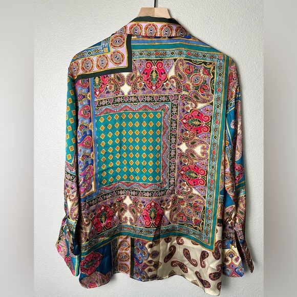 ZARA Patchwork scarf Print Satin Effect Shirt buttondown blouse boho 70’s Sz M - Picture 7 of 11